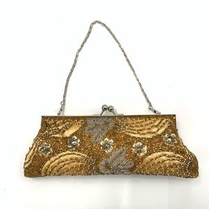 Vintage Beaded Gold Clutch With Silver Chain Kiss Closure